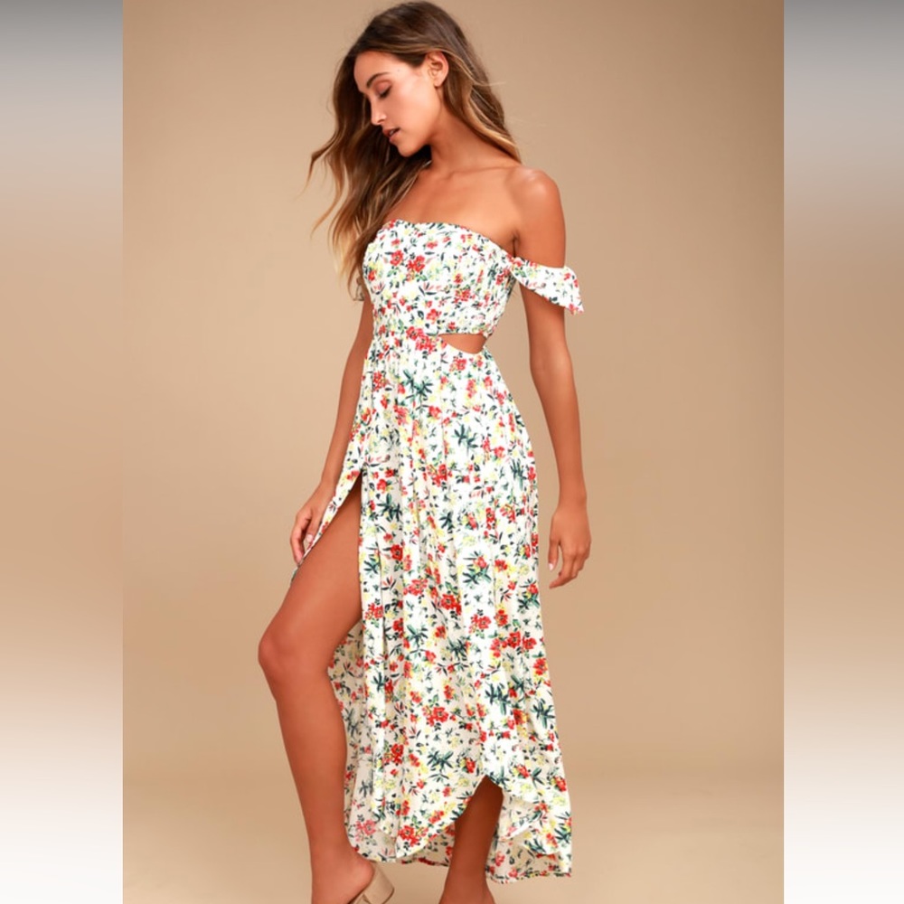Easy on the Eyes Cream Floral Print Off-the-Shoulder Maxi Dress